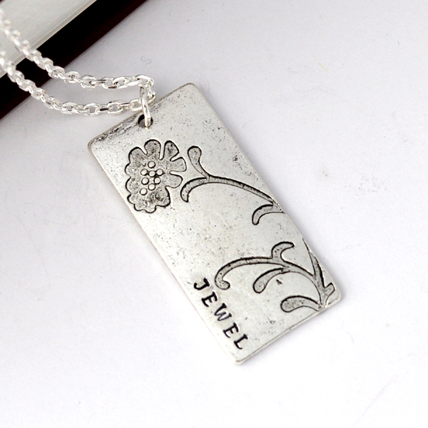 Oxidized silver tone flower bloom rectangle necklace, hand stamped personalized necklaces, custom hand stamped necklace by ZADOO