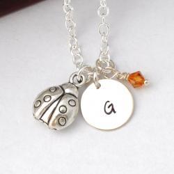 Initial Necklace Silver ladybug Charm Personalized Initial Necklace cute 3D lady bug by ZADOO
