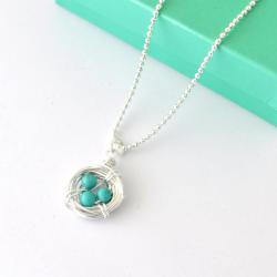 turquoise Silver Robin's Eggs nest Necklace, egg necklace